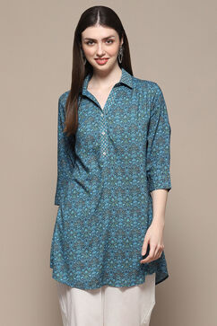 Blue & Green Rayon Printed Straight Shirt image number 5
