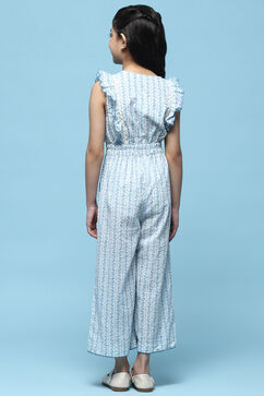 Blue Printed Cotton Jumpsuit With Lace Details image number 3