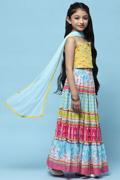 Yellow Cotton Strappy Top With Tiered Lehenga & Net Dupatta image number 6
