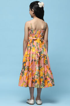 Yellow Printed Strappy Cotton Tiered Dress image number 3