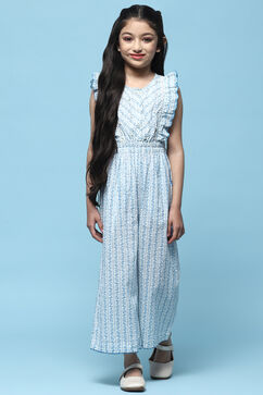Blue Printed Cotton Jumpsuit With Lace Details image number 5