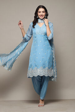 Powder Blue Polyester Straight Kurta Salwar Suit Set image number 0