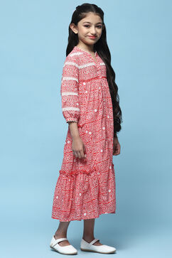  Red Printed Cambric Dress With Front Opening image number 4