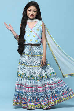 White Tiered Lehenga With Printed Blouse & Net Dupatta image number 0