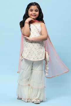Cream Cotton Strappy Kurta With Net Sharara Dupatta & Potli image number 8