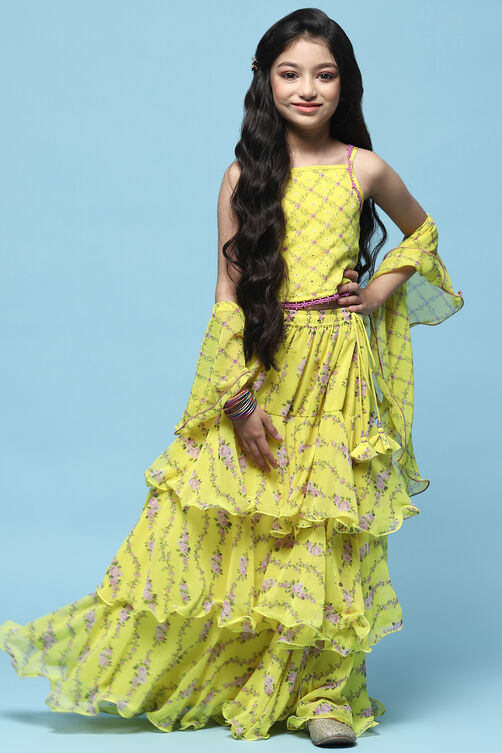 Lime Yellow Lehenga with Strappy Blouse & Cascade Dupatta image number 7