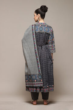 Charcoal Cotton Anarkali Printed Kurta Relaxed Salwar Suit Set image number 4