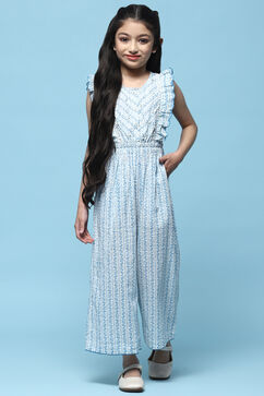 Blue Printed Cotton Jumpsuit With Lace Details image number 0