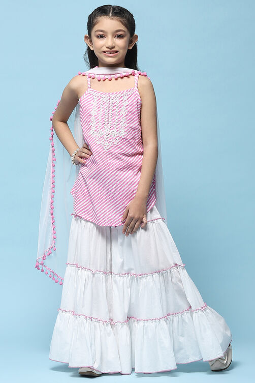 Pink Lehriya Cotton Kurta With Sharara & Net Dupatta image number 7