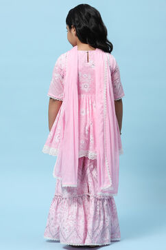 Pink Cotton Peplum Kurta & Sharara With Khadi Print Dupatta image number 5