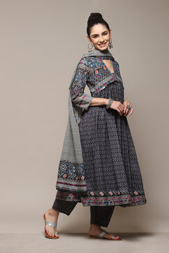 Charcoal Cotton Anarkali Printed Kurta Relaxed Salwar Suit Set image number 6