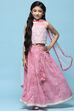 Pink Cotton Embroidered Blouse & Lehenga With Net Dupatta