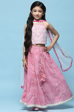 Pink Cotton Embroidered Blouse & Lehenga With Net Dupatta image number 0