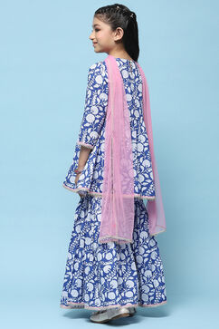Blue Printed Cotton Peplum Kurta & Garara With Net Dupatta image number 5