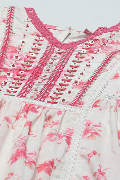 Pink Floral Printed Cotton Dress With Embroidered Yoke image number 1