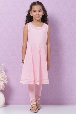 Pink Cotton Blend Flared Kurta Churidar Suit Set image number 7