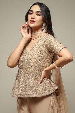 Beige Cotton Silk A-Line Embroidered Kurta Sharara Suit Set image number 1