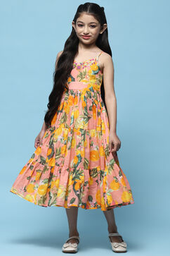 Yellow Printed Strappy Cotton Tiered Dress image number 0