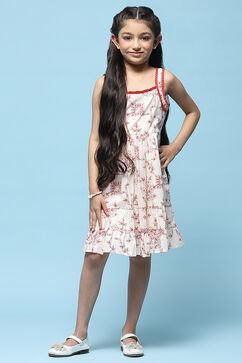 Ecru Red Printed Cambric Dress With Red Lace Detail On Neck image number 5