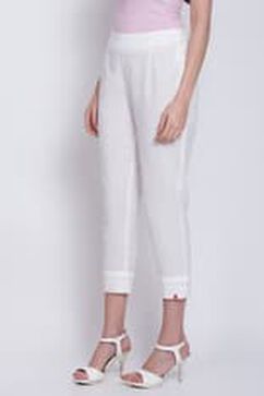 White Cotton Blend Narrow Pants image number 1