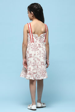 Ecru Red Printed Cambric Dress With Red Lace Detail On Neck image number 3
