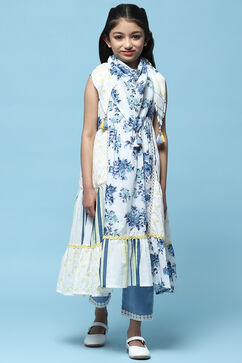 White & Blue Printed Cotton Tiered Kurta With Pants & Scarf image number 7