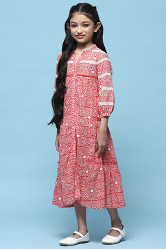  Red Printed Cambric Dress With Front Opening image number 2