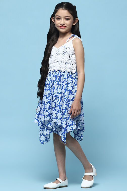 Blue & White Cotton Printed Handkerchief Fem Dress image number 2
