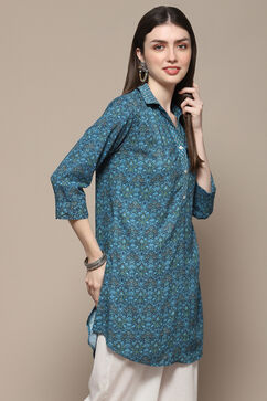 Blue & Green Rayon Printed Straight Shirt image number 4
