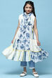 White & Blue Printed Cotton Tiered Kurta With Pants & Scarf