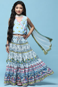 White Tiered Lehenga With Printed Blouse & Net Dupatta image number 7