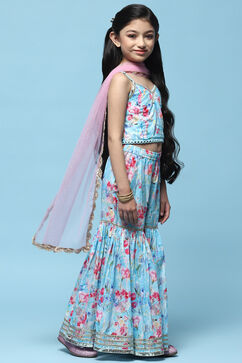Blue Cotton Printed Blouse And Sharara t With Net Dupatta image number 6