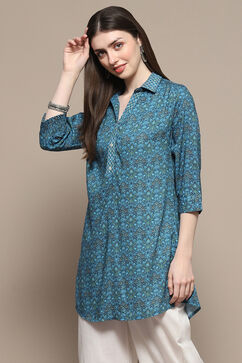 Blue & Green Rayon Printed Straight Shirt image number 2