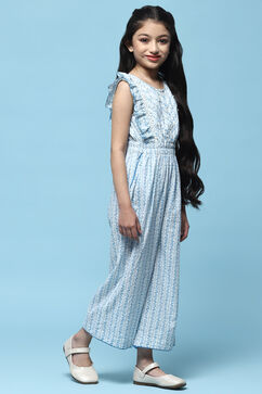 Blue Printed Cotton Jumpsuit With Lace Details image number 4