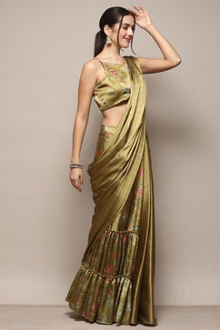 Green Polyester Pre-draped Saree & A Stitched Blouse With Floral Prints image number 4