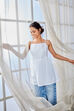 White Cotton Embroidered Gathered Top image number 1