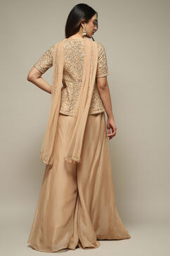 Beige Cotton Silk A-Line Embroidered Kurta Sharara Suit Set image number 5