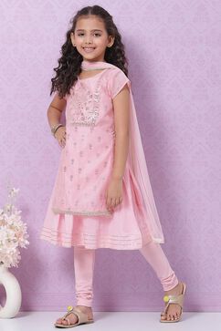 Pink Cotton Blend Flared Kurta Churidar Suit Set image number 6