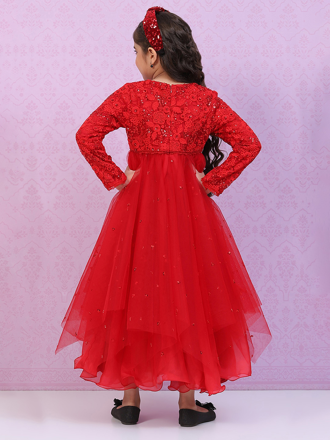 Red Nylon Layered Embroidered Dress image number 4
