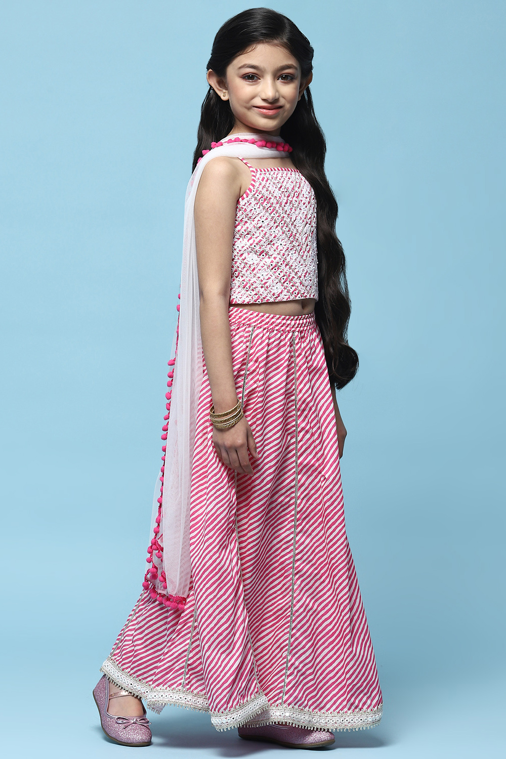 Pink Cotton Embroidered Blouse & Lehenga With Net Dupatta image number 6
