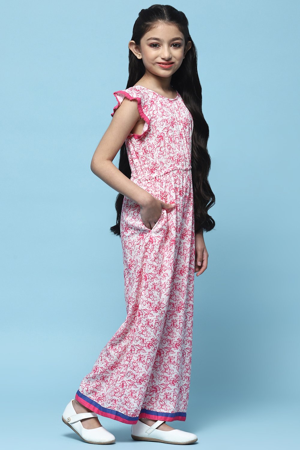 Pink Printed Rayon Slub Jumpsuit With Flutter Sleeves image number 4