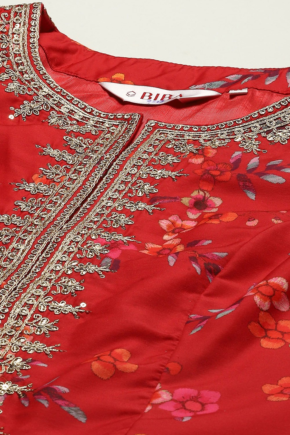 Red Floral Printed Flared Lehenga Set with Jacket image number 1