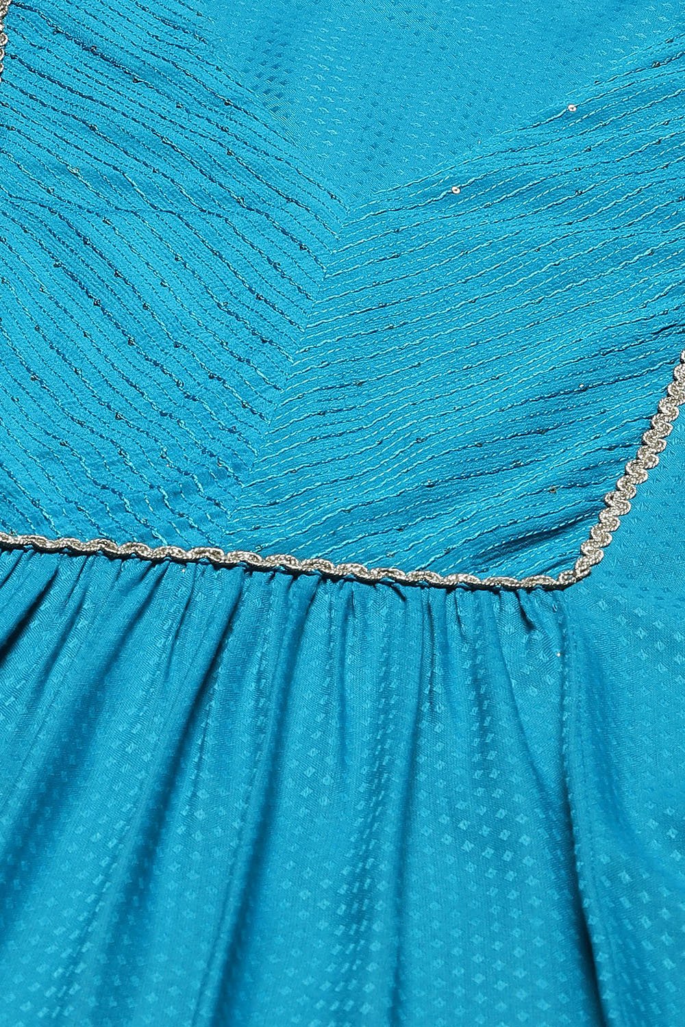 Turquoise LIVA Gathered Yarndyed Kurta Afgan Pant Suit Set image number 1